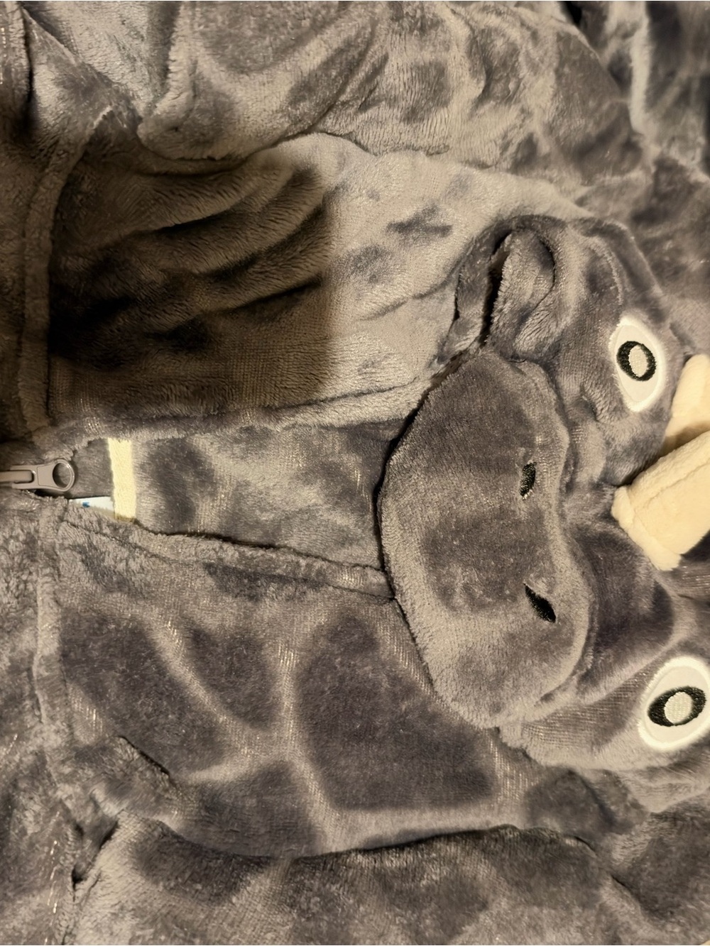 Plush Gray Animal Hoodie with Embroidered Face